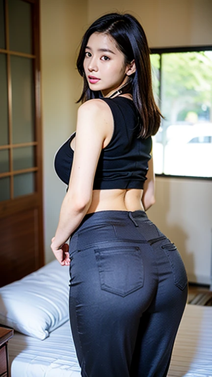 Highest image quality、master piece、8K、blue eyes、(SFW huge body:1.5)、thick body、thong、emphasize the buttocks、Rear view、(((T-back song that digs into your butt)))