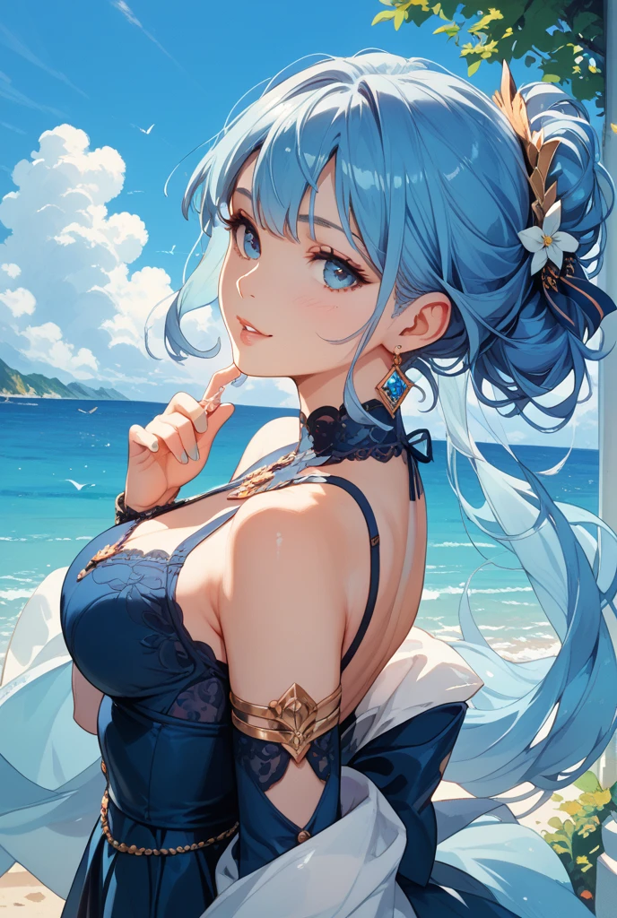 (masterpiece:1.5),(Beat quality),(high res),1girl solo,beautiful face,smile(shining eyes),upper body,light effects,Swimsuit Ganyu,Ocean