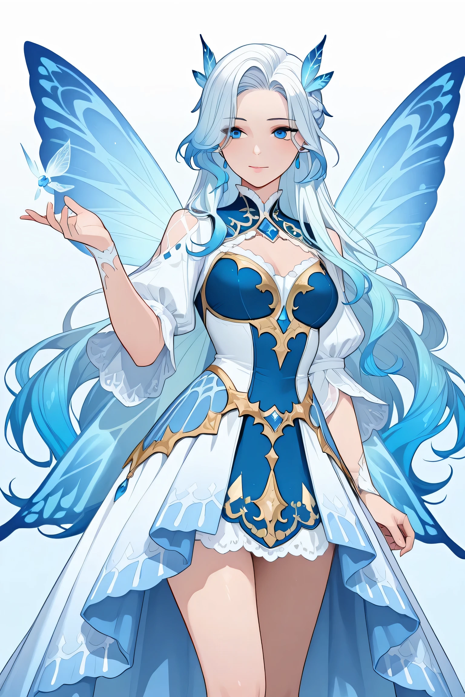 line-art, best quality, 1 woman, hairstyle with two bottom tails, white and blue gradient hair, blue eyes, fantasy clothes, blue gemstone, fairy wings