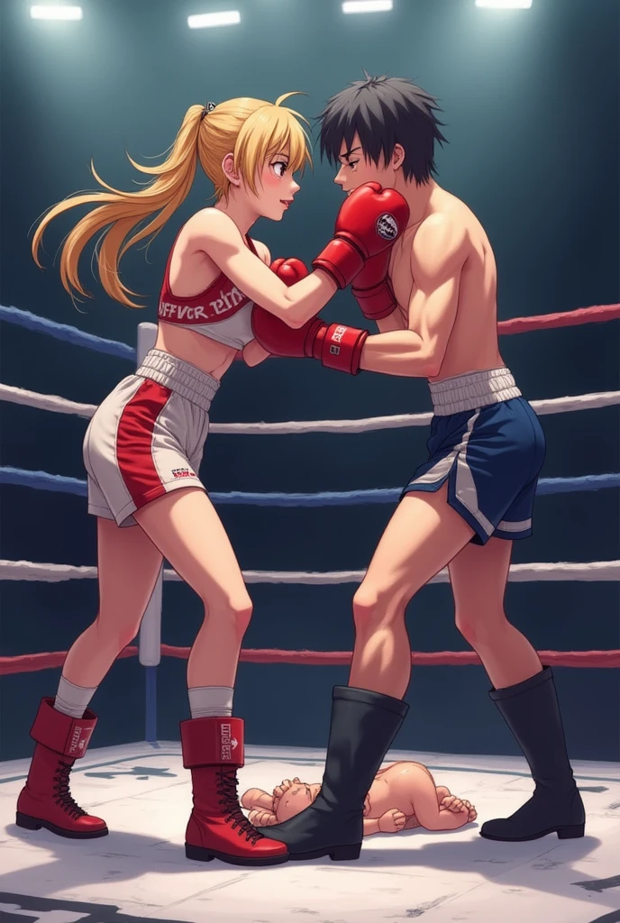 Wrestling, blonde girl with bob,in red sneakers, white t-shirt hugs guy tightly, squeezing his lower back, the girl lifted the guy, the guy's feet didn't reach the ground, anime, Art, view from the back, The girl carried the guy around the ring