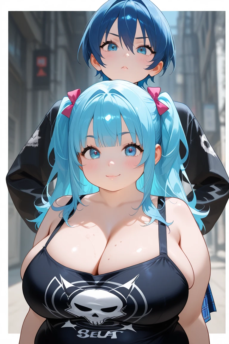 One girl and a young boy having sex Colossal tits nudde Blue-haired twintails Open legs are wet Young man hugged from behind on train、He likes to touch my huge things and inside my underwear