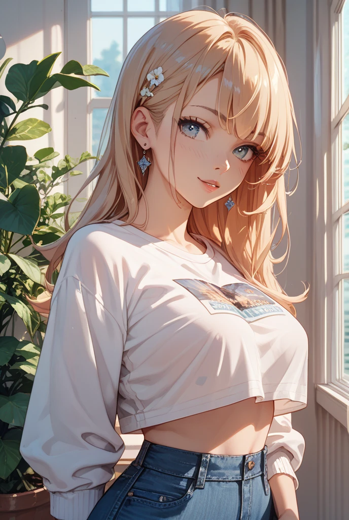 ((masterpiece, Highest quality, High resolution, 超High resolution, Pixel perfect, Depth of written boundary, 4K, RTTX 10.0, High resolution))), One girl, single, alone, Beautiful Anime Girls, Beautiful art style, Anime characters, ((Blonde ponytail, Long Hair, Ahoge)), (Sunburned skin: 1.2), ((black eye:1.4, Round eyes, Beautiful eyelashes, Realistic eyes)), ((Detailed face, Blushing:1.2)), ((Smooth texture:0.75, Realistic texture:0.65, Realistic:1.1, Anime CG Style)), Medium chest, Dynamic Angle, Perfect body, Dynamic pose, ((close, throw, cute, Shoot in the face, smile, Open your mouth)), Hair Ribbon, White T-shirt,Belly button,Shorts, Cafe, Sitting in a chair, (cowboy shot:1.2), shoot from front
