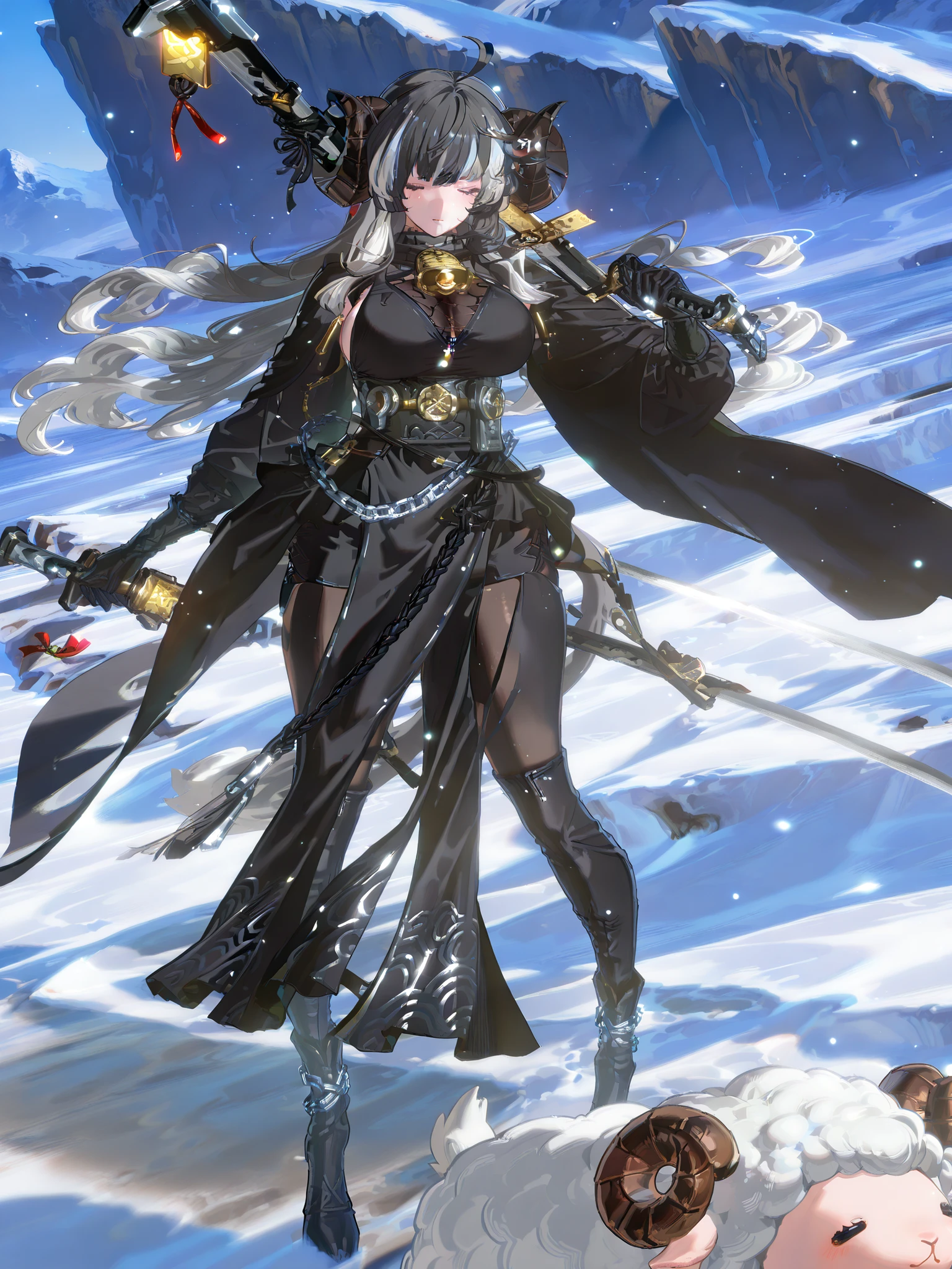 woman, sheep anthromorph, ram beast, white and black coat of cotton, blue talisman on her ram horns, puppy down ears, snowy mountain, large breasts, fullbody, slean model body, long legs, long black cape, cute pelvic curtain dress, cute chain belt on her waist, holographic hair, cute big wolf tail, holding a huge katana, black dress with waves patterns, black horns, close up, detailed eyes