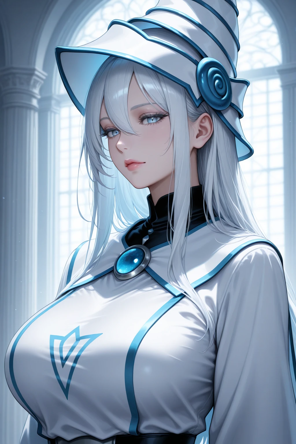 young girl, Long white hair, Blue eyes, Blue beauty dress, Huge-breasts, eye glass, Masterpiece, hiquality, 4K, HD, good detail