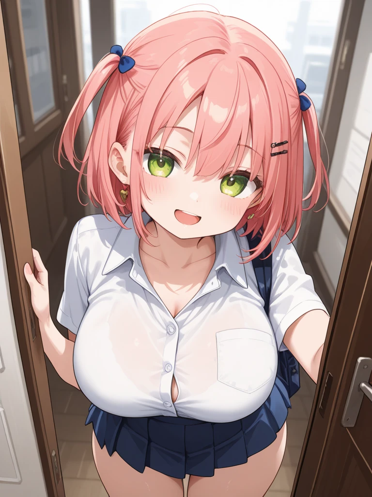 highest quality,wonderful,finely,extremely detailed CG unity 8k wallpaper,1 girl, big breasts,Beige School Cardigan, bow tie, cleavage, check pleated skirt, lift skirt, panties:1.3), cleavage, huge breasts,pink hair, green eyes,twin tails, highest quality,Super detailed,unity 8k wallpaper,game CG,oily skin, shiny skin,