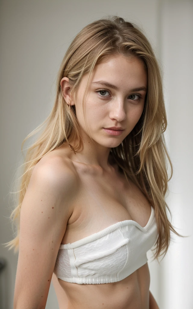 (best quality,8k,ultra-detailed,masterpiece:1.2),beautiful and aesthetic,hyperrealism,photography, Beautiful girl, 40 years old, Grey eyes, long blonde hair, sad expression,  garden Of White roses, Soft light.