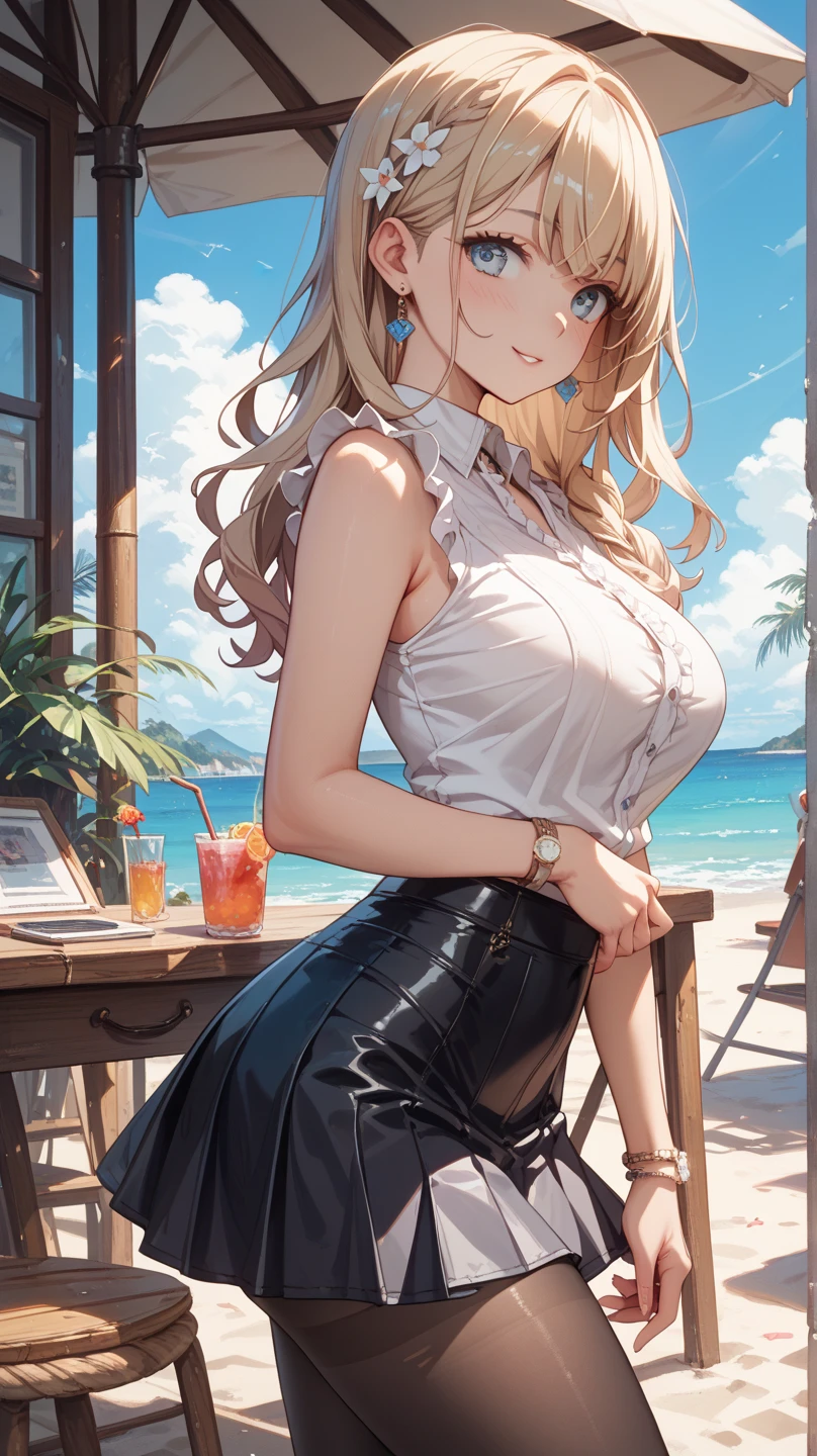 (masterpiece:1.2), (best quality), (ultra detailed), (8k, 4k, intricate),(half body:1.2),(cowboy:1.2),(highly detailed:1.2),(detailed face:1.2), (detailed background),(portrait),detailed landscape,(dynamic pose:1.2),<lora:more_details:0.5>, <lora:winter:0.7>1girl, solo, long hair, breasts, looking at viewer, smile, skirt, blonde hair, large breasts, cleavage, hair between eyes, jewelry, green eyes, ponytail, choker, fang, necklace, bag, bracelet, animal print, yellow skirt, eyewear removed, gyaru, yellow nails, leopard print, eyewear hang