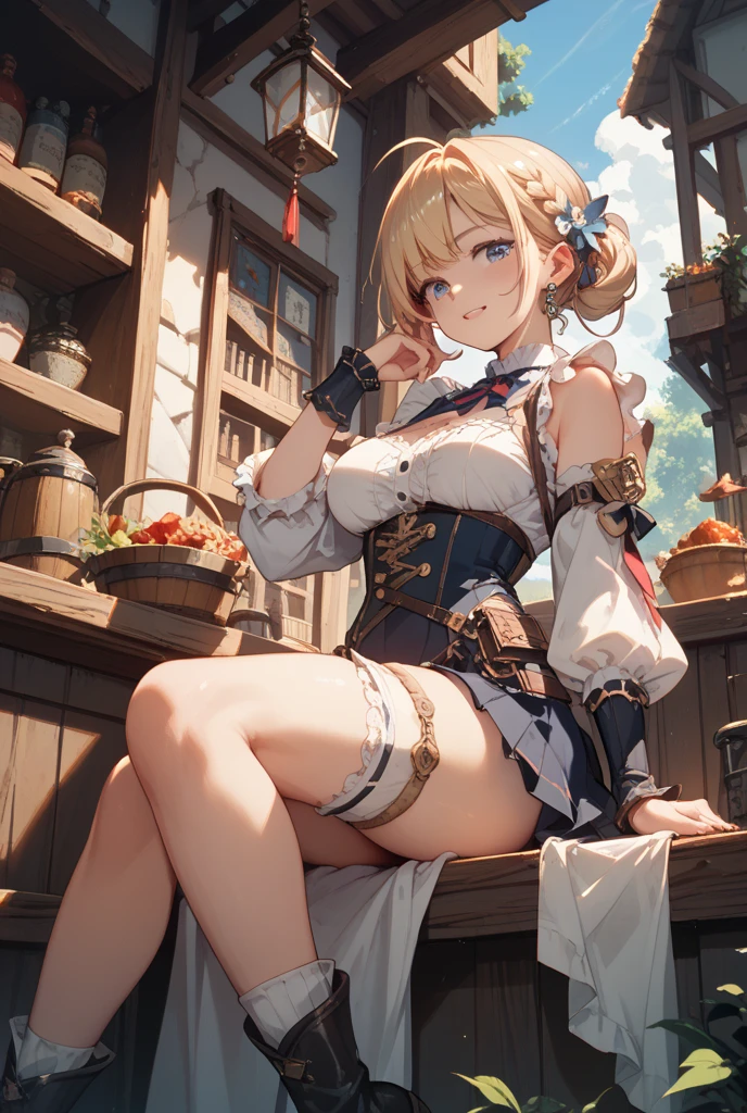 masterpiece, 1girl, sparrow, a blonde haired girl, wearing a brown viking clothes, curly medium hair, messy hair, slim body, wearing furry capelet with hoody, he close her left eye, shirt ornament, aqua eyes, sho show her back, ahoge, red vest, baby face, big breast, beautiful breasts, rounded breasts, braid hair, long sleeves, beautiful eyes, white stocking, droopy eyes, her age is 19 years old, smile, ancient viking 