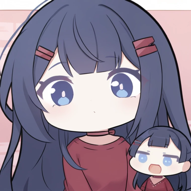 ba_chibi,long hair, bangs, blue eyes,dark blue hair, red hairclip, choker, red choker, red sweater