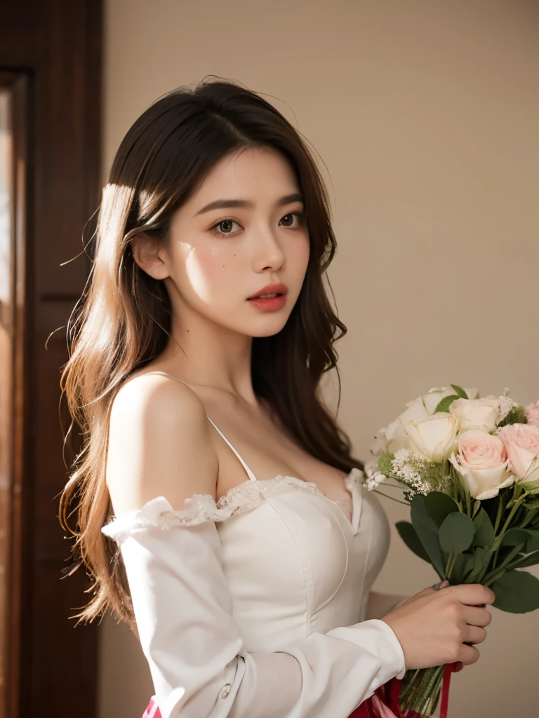 masterpiece、8k、32k、highest quality、(Fine grain)、(Cute Japanese Woman、prohibit)、18-year-old、One Girl、elegant、(Detailed background depiction)、Looking Back、Hilarious, steampunk、clear、whole body、White rose in hand