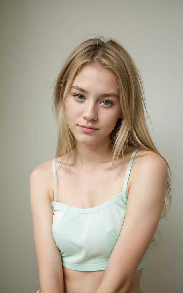 photo of a girl with blonde hair with a slight curl just below the shoulders in full height looking at the camera