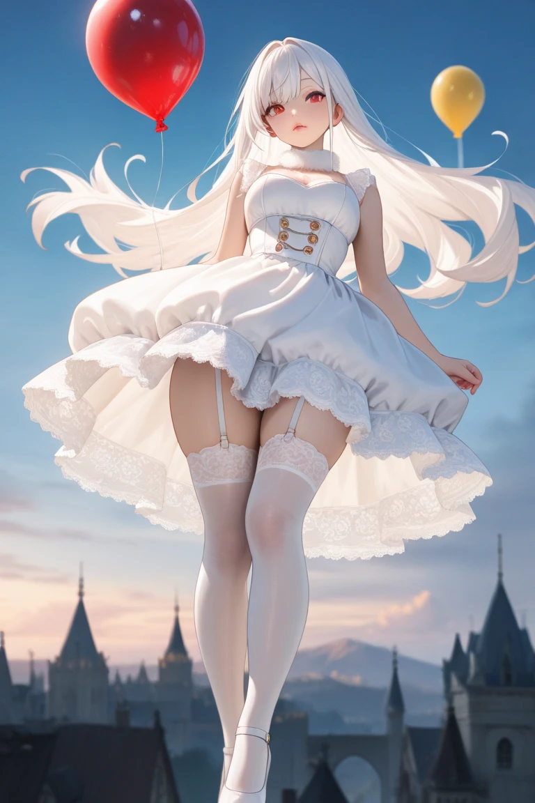 upskirt, view from below, white lace dress, white lace panties, white hair, white thigh highs, thick thighs, medium boobs