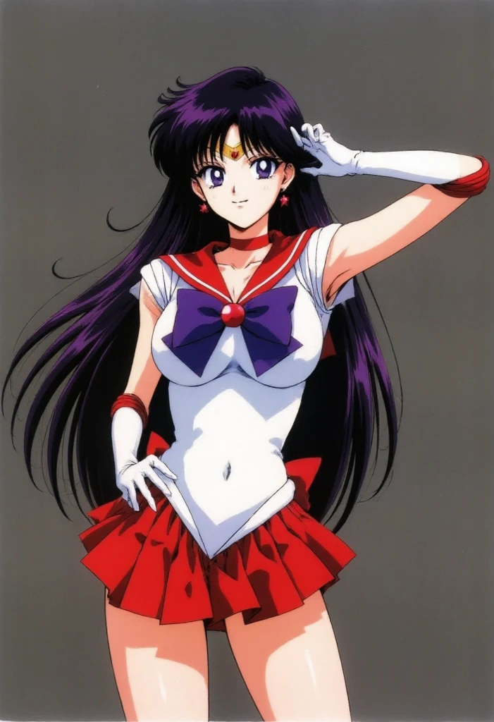 1990s \(style\), masterpiece, best quality, highres, city, ass focus, (all fours), medium breasts, 1girl, ReiHino, (sailor mars, neck ribbon, long hair, circlet, jewelry, crescent earrings), elbow gloves, white gloves, outdoors, blush, (embarrassed)