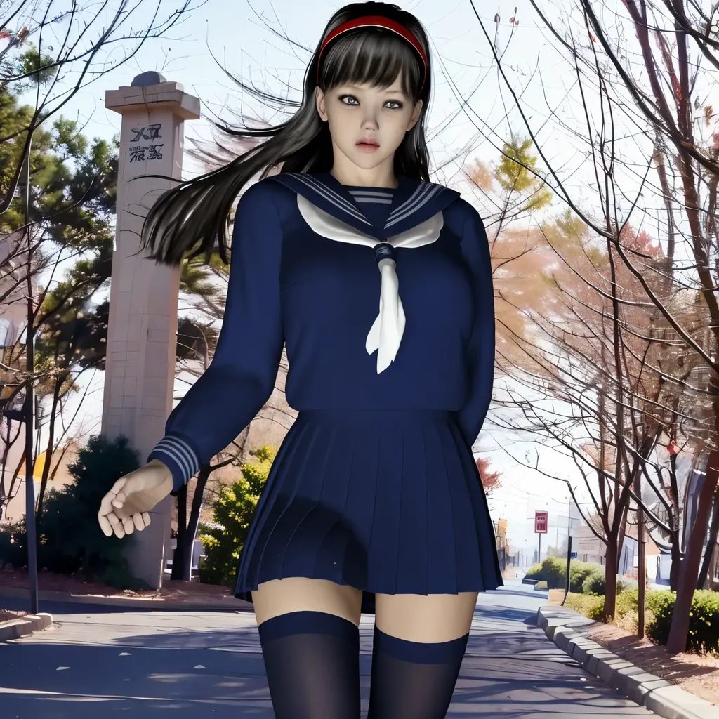 realistic, highest quality, 1 female, mature, ((blush)), Sweat, Santa Cap, blonde bob hair, (8K, highest quality, masterpiece:1.2), (realistic, photo-realistic:1.37), Super detailed,highest quality, ultra high resolution, professional lighting, photon mapping, radio city, Physically based rendering, cinematic lighting, midnight road,Depth of written boundary, sharp focus, light, good composition,(beautiful thighs) 1 girl,alone,(whole body), ((high school girl sailor suit、navy knee socks)),fine and beautiful eyes, temporarily stop, tight waist,Japanese high school girl, black hair,messy hair,long hair fluttering in the wind,(Ulzzang-6500:1.2) mix 4,