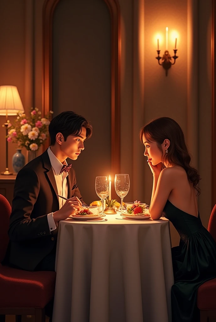 At a restaurant at night、The soft light of the candles illuminates the couple.。They clinked their wine glasses、Toast。Their eyes meet、Deep love flows quietly。Time just between the two of us seems to pass slowly。The candle light、Add an extra romantic touch to their special night.、It's filled with unforgettable memories。