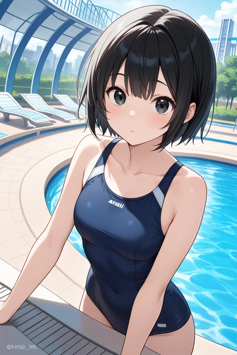 masterpiece, best quality, ultra detailed, anime style, 1girl, medium hair, black hair, brown eyes, one piece swimsuit, swim pool, warm, beautiful face, happy, cowboy shot