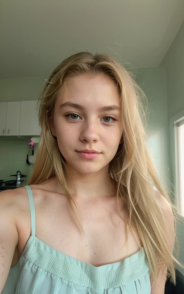 closeup selfie of a 21 year old white model, casual black dress, posing in her room, medium blond hair, light blue eyes, medium bust, Sola Zola body, realistic photography
