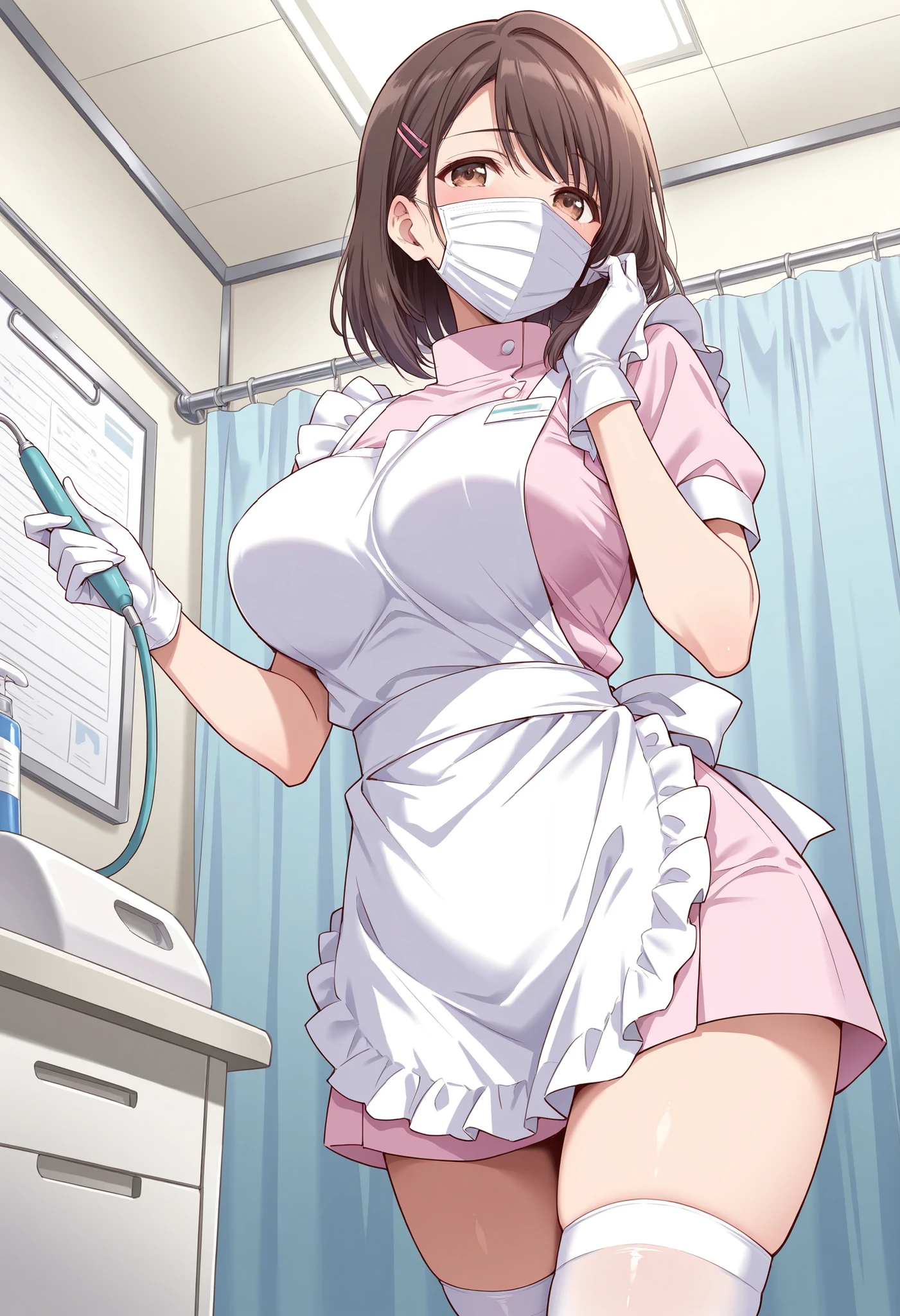Score_9, score_8_up, score_7_up, source_anime, Asagiri Kotoko, solo, large breasts, brown hair, hair ornament, brown eyes, hairclip, (best quality), (high quality), {masterpiece}, extremely delicate and beautiful, ultra-detailed, beautiful detailed eyes, dental hygienist, pink medical scrub, short sleeves, high collar, white apron, white latex gloves, white thighhighs, dentist office, ((white mask, mouth mask, covered nose)), standing