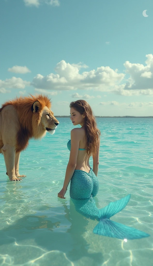 Make a brown-skinned Mermaid sitting on the sand of the beach looking out to sea next to a yellow, almost brown Pitbull