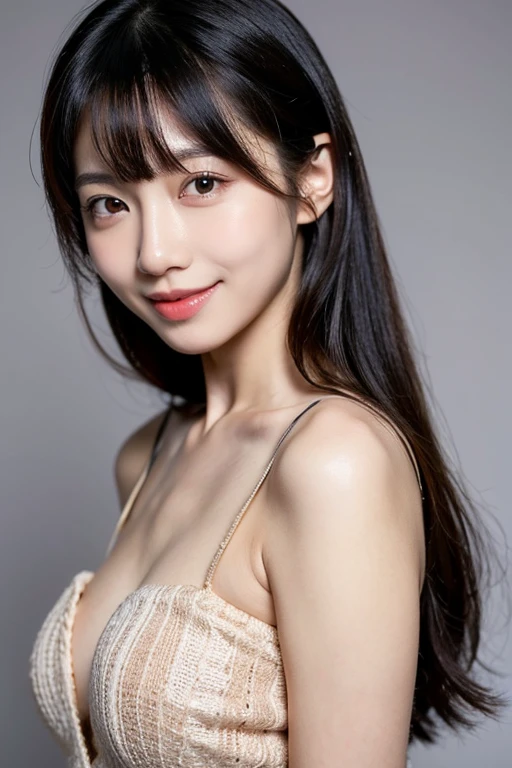 model、Real、Beauty、Idol、20th Generation、bangsあり1人の女の子, High resolution, Long Hair, bangs, Black Hair, 斜めbangs, chest, smile, Simple Background,