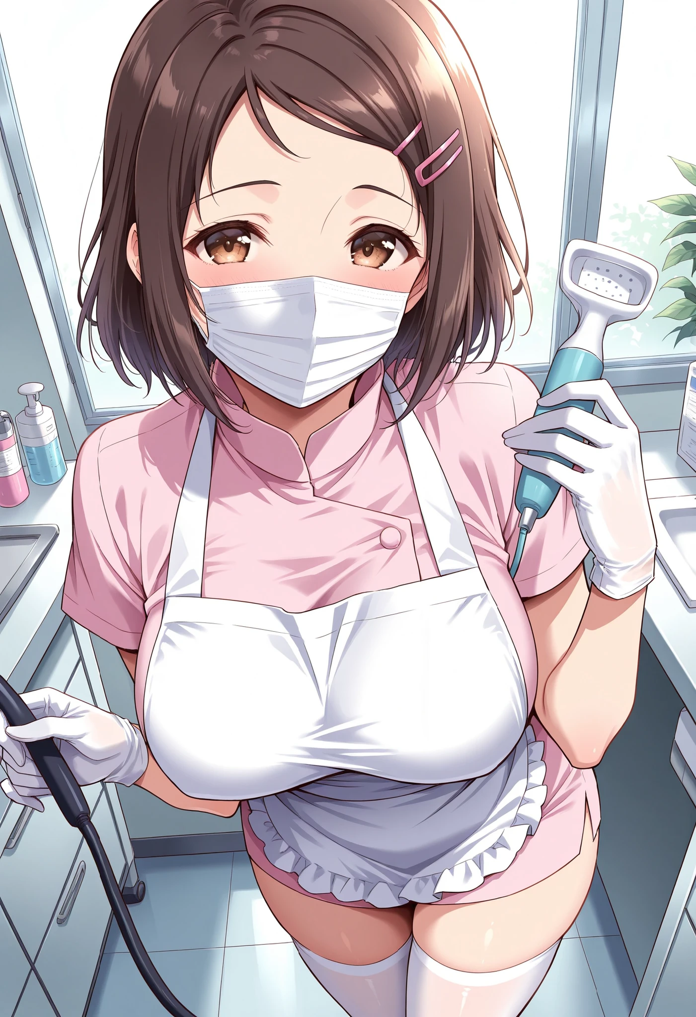 Score_9, score_8_up, score_7_up, source_anime, Asagiri Kotoko, solo, large breasts, brown hair, hair ornament, brown eyes, hairclip, (best quality), (high quality), {masterpiece}, extremely delicate and beautiful, ultra-detailed, beautiful detailed eyes, dental hygienist, pink medical scrub, short sleeves, high collar, white apron, white latex gloves, white thighhighs, dentist office, ((white mask, mouth mask, covered nose)), standing
