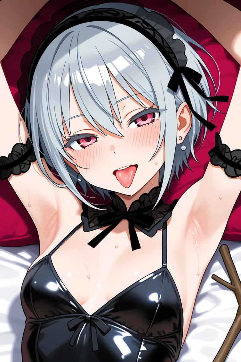 alisamikhailovna, alisamikhailovna kujou, long hair, bangs, blue eyes, ahoge, gray hair, red ribbon, strip stage, purple lighting, smile, screaming, black lingerie, lying on back, show pussy, gangbang, bukkake, orgasm