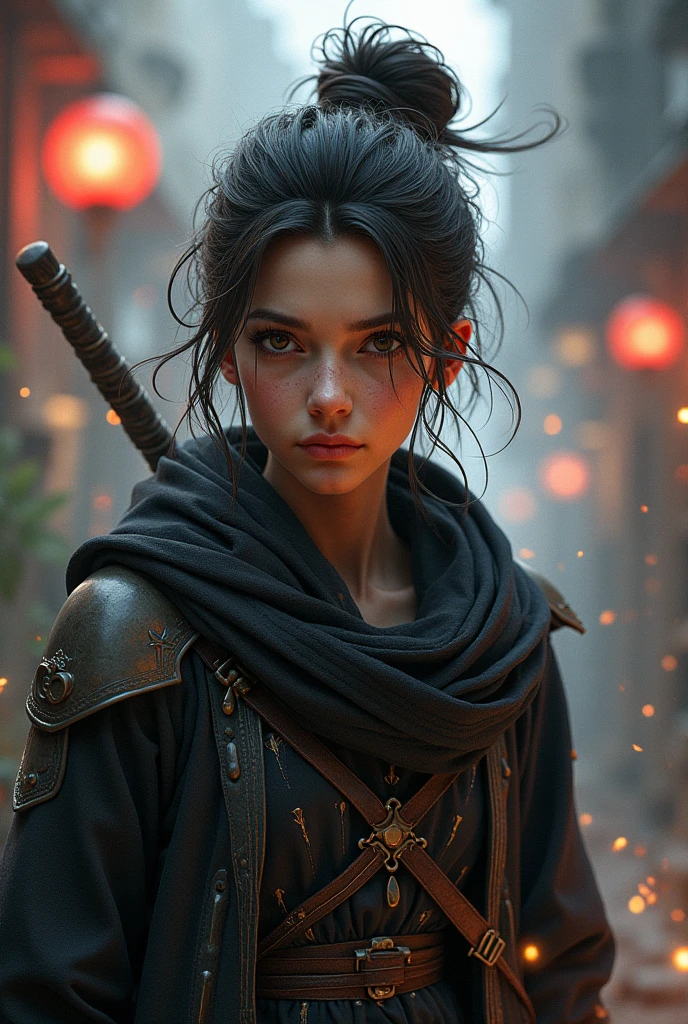 creepy warrior fused lovely with painful with reassuring atmosphere, feeling of sadness, total war of sense of pathos background detail, faded street corner poster, beloved person closed in spring fog, hair swaying in the wind, demon of war, blowing wild, those who say goodbye to their loved ones and depart, (associate oil painting:1.1),