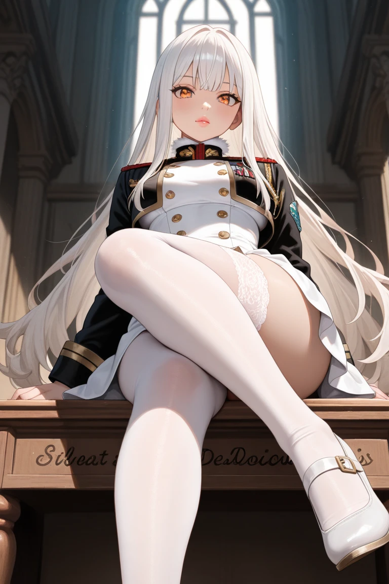 1 Girl,Kagura Mia ,white hair,Heterochromia,Half closed eyes,(Giddenmei 1.5),short sleeve dress,Shawl coat,military uniform,Puff sleeves,Cloth bag,Gloves,White pantyhose,double braid hair,2legs,nuclear_9, snuclear_8_up, snuclear_7_up, snuclear_6_up, snuclear_5_up, snuclear_4_up, smoke, foot部焦点, foot, foot趾 perfect foot, perfect foot趾, best foot趾, stinky foot趾, Sexy pose looking at the audience, Solitary, foot趾操, permanent, View, foot趾, From below, foot部焦点,trampling,Step on the screen,See underwear