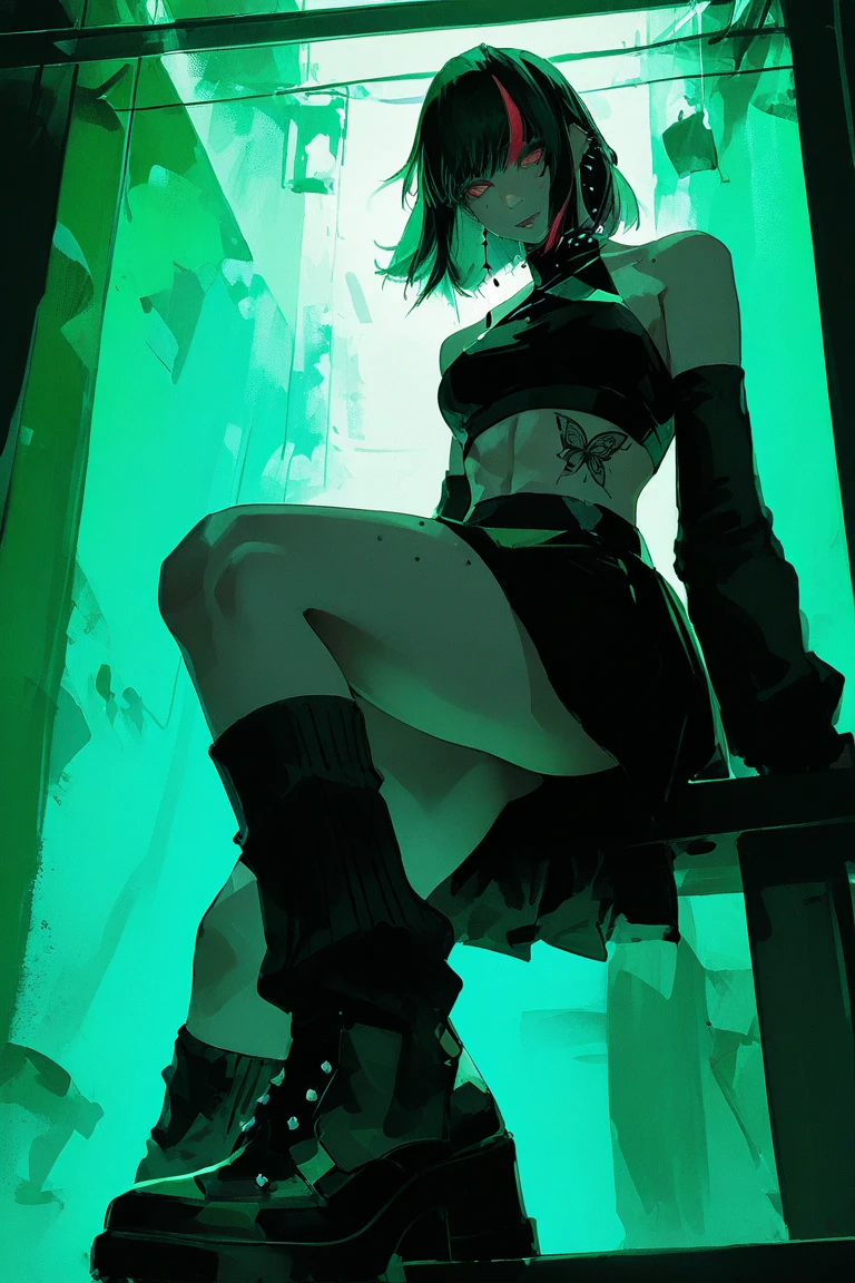 girl, black t-shirt, black shorts, black thigh highs, mismatched legwear, black hair, green eyes, short hair, pussy juice, spread legs, urinating, belly button, looking at viewer, blushing, smiling, full body, white background, pussy juice trail, gaming headphones, standing, leaning forward, cameltoe