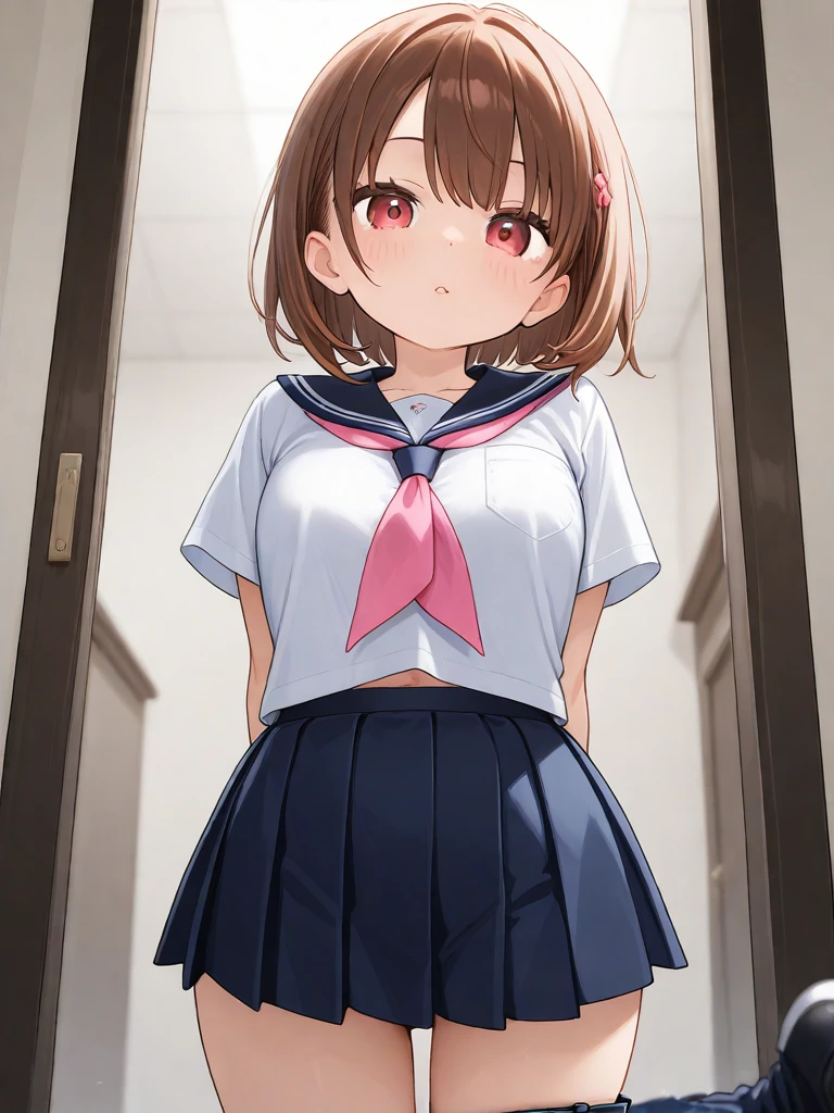 (masterpiece:1.2),(best quality:1.2),(masterpiece, best quality, ultra-high resolution), (1girl), (1 character), (Ochako Uraraka), (UA School uniform), (White background), (No background), (1 angle), natural pose, Standing