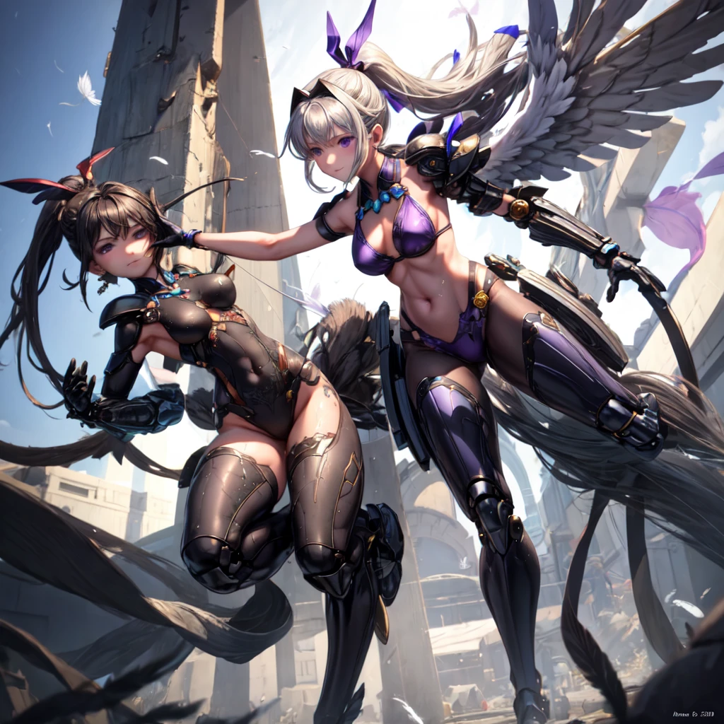 two anime girls in costumes standing in a city, beautiful sci - fi twins, two beautiful anime girls, digital cyberpunk anime art, anime cyberpunk art, digital cyberpunk - anime art, wlop and sakimichan, mecha wings, anime girls, from arknights, kawacy, guweiz on pixiv artstation, cyberpunk anime art, guweiz