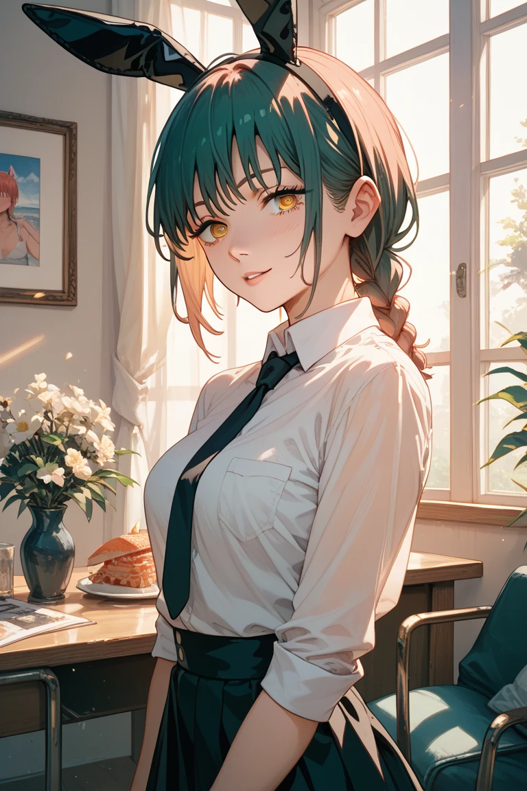 ((masterpiece)),(best quality),(detailed),(1girl), green hair, green glowing eyes, Updo, white shirt, black skirt, looking down on the viewer, sexy, butt to camera