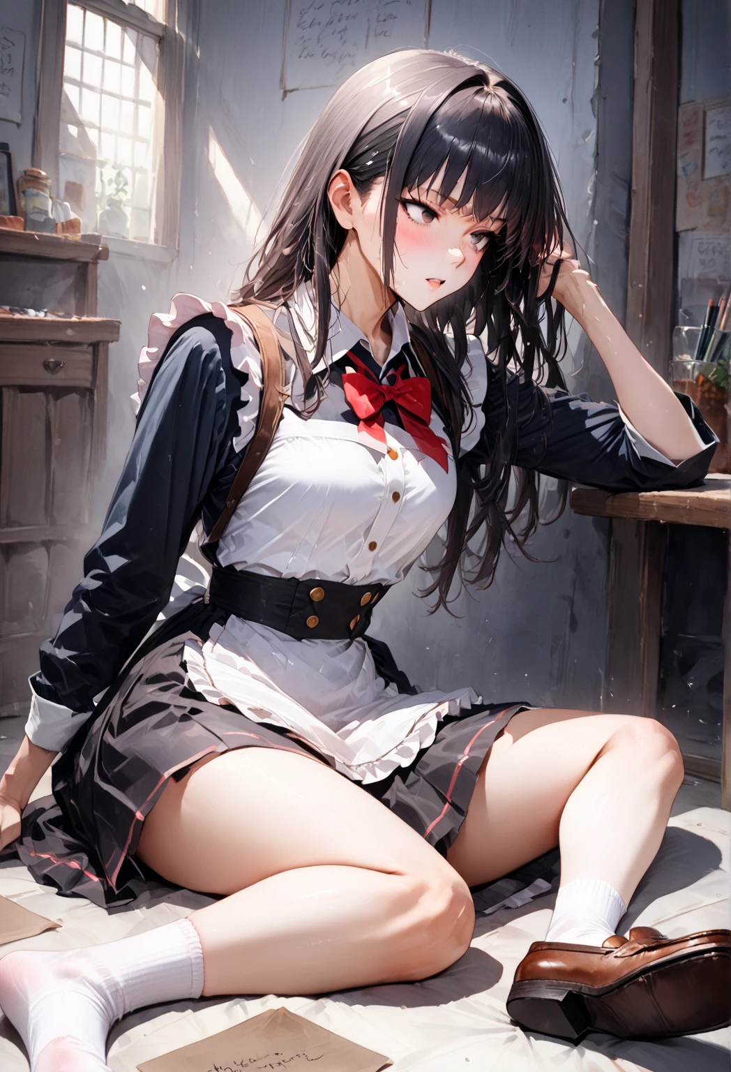 Very cute and beautiful girl、(Very detailedな美しい顔と目: 1.2)、(smile)、blush、Cowboy Shot、(No bra、White short-sleeved shirt with collar:1.2)、BREAK standing、(Skirt lifted、White panties: 1.5)、Dynamic Angle、Hair Ribbon、Black Hair、(Scarlet Check Mini Skirt)、White knee socks、break、Japanese school classroom、crowd、(highest quality、masterpiece:1.2)、Disturbance、High resolution、Super fine、Very detailed、32k、8K resolution、Detailed Scene、Detailed Background、solo、Dynamic Angle、