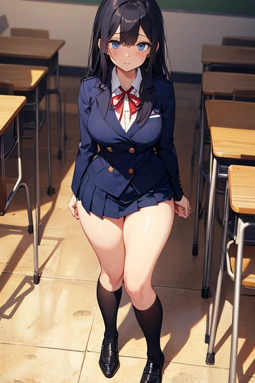 Model: AuntJune, auntjunev2 Hair: brown hair, hair bun, bangs, messy hair, ponytail, long hair Body: mature female, large breasts, lips, looking away Clothing: black pantyhose, black serafuku, skirt, sailor collar, jacket, school bag Scene: classroom, indoors, window, desk, school chair, chair, sitting, solo Lighting: cinematic lighting Focus: sharp focus