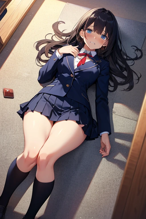 one girl、Honor Students、popular person、beautiful black hair、Hair reaching down to the waist、bangs、black eye、big breasts(C cup)、blazer、3rd year high school student、height: 160cm、Weight 50kg、delicate body、gray skirt、blue ribbon、Skirt length is about 10cm above the knee、looking at the viewer、cute face、cute anime illustration、black socks、Looks quite surprised、sleep on your back、blush、Raise your hands above your head、Classroom Floor