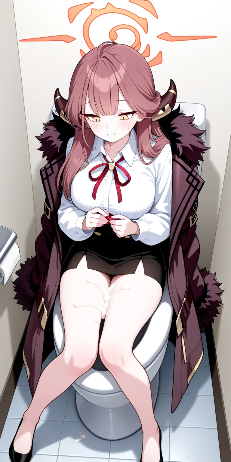 masterpiece,highres,ARU_\(BLUE_ARCHIVE\),SOLO,HORNS,WHITE_GLOVES,HALO,LONG_HAIR,FUR_TRIM,SHIRT,WHITE_SHIRT,BLACK_SKIRT,NECK_RIBBON,COLLARED_SHIRT,YELLOW_EYES,HIGH-WAIST_SKIRT,FUR-TRIMMED_COAT,JACKET,PINK_HAIR,JACKET_ON_SHOULDERS,FUR-TRIMMED_JACKET, sweating,wet clothes,steam,sitting,thigh,wet thigh,thigh together,blush,open mouth,hand on breasts,hand on thigh,from above,cleavge