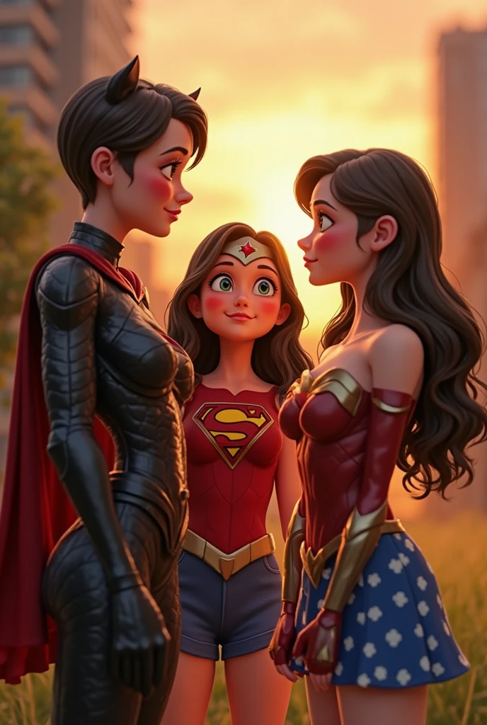 A woman, who is already a mother of two children, the oldest is 8 and the youngest is 4, She is brown-haired and very pretty, wears a hero suit, She has her hair tied back in a ponytail, His expression is gentle and he shows a lot of affection for his children., young, blue eyes