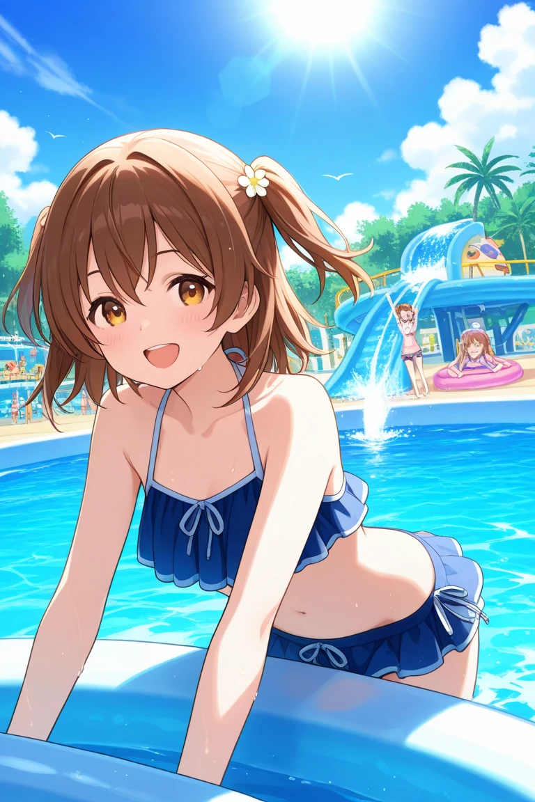 Masterpiece, Best Quality, extremely detailed, cheered up, girl,night pool,high waist bikini,SMILE,:d,action,(small breasts),ass focus