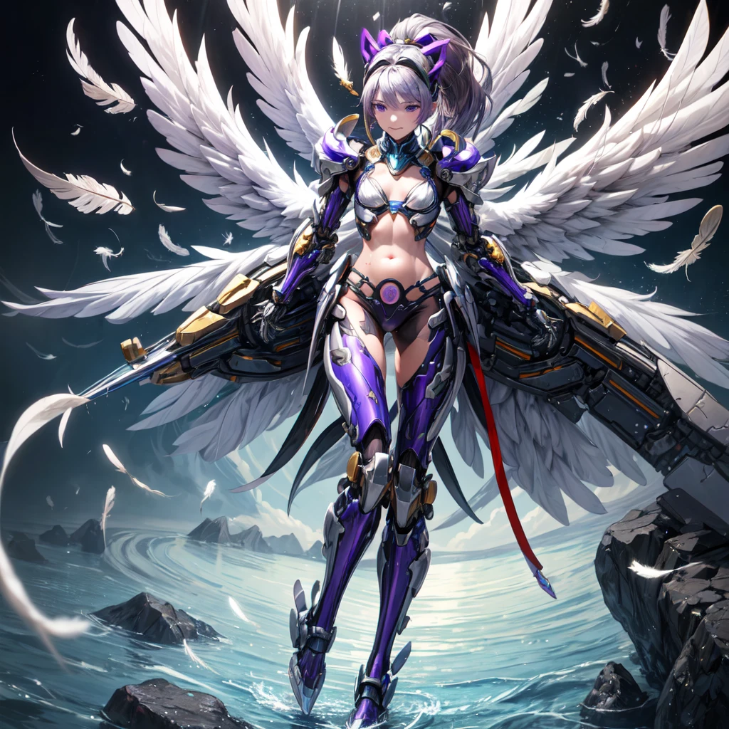 highest quality、master piece、超A high resolution、(Photoreal:1.4)、Raw photo、Combat Robot Angel、Large metal wings、white porcelain body、Acrylic transparent cover、white hair、glowing skin、1 cyborg girl、((Ultra realistic details))、porate、global illumination、Black Shadow、octane rendering、8K、super sharp、character edge light,Huge 、Raw skin exposed in cleavage、intricate decorative details、Gothic Lolita details、hydraulic cylinder、Small LED Light、very intricate details、realistic light、purple eyes、shining eyes、towards the camera、neon light details、cowboy shot、futuristic headgear、About the Floor Plan《cyberpunk characters》、、