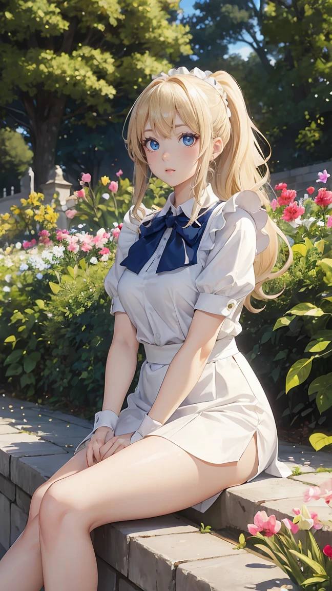 masterpiece, Highest quality, One girl, beautiful, Are you okay, delicate, Very complicated, detailed, Blonde, Jacket, White underwear, blue eyes, ((masterpiece)), extremely detailed, Highest quality, High resolution, ((at the park)), Bridget, smile,