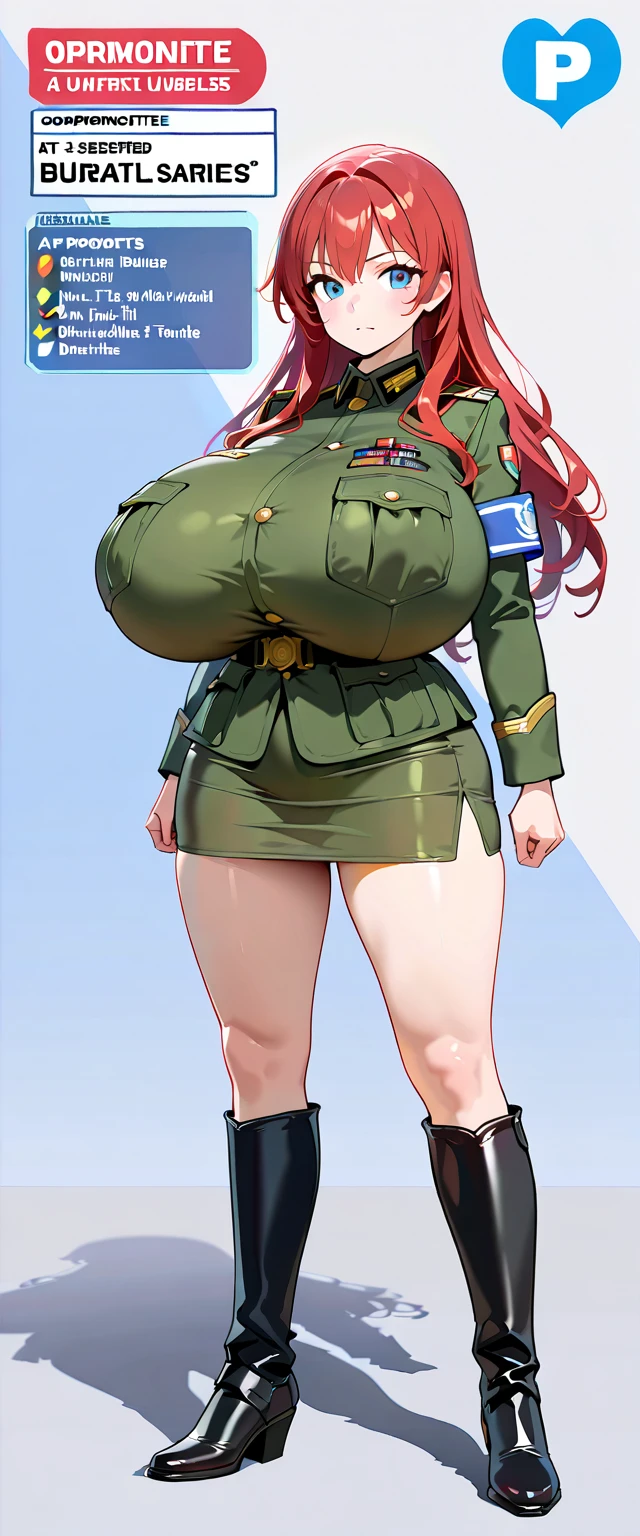 Red head, in the army, Gigantic tits, fat ass, horny face, mean face, tits exposed, sweaty