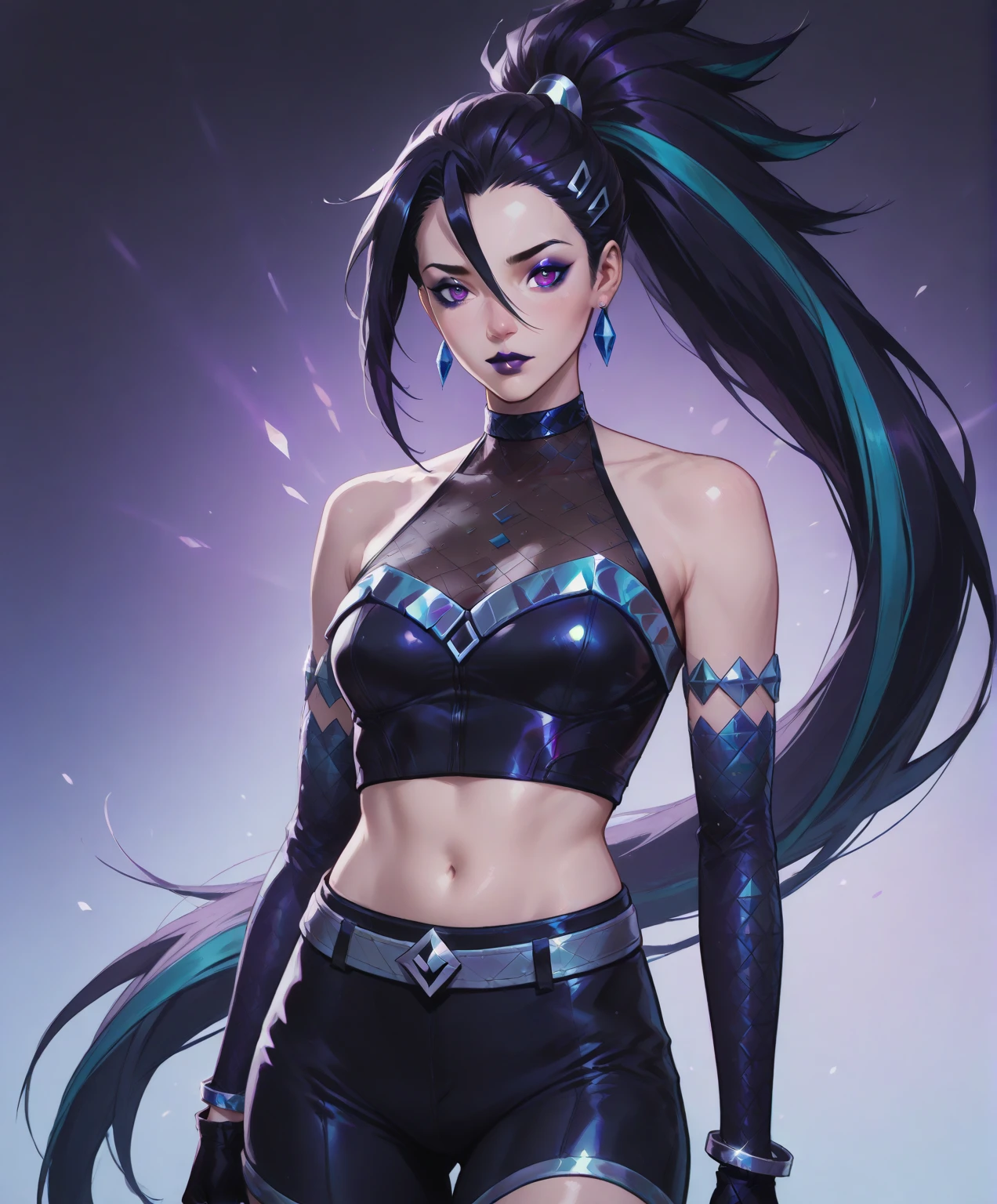 1. Light skinned woman 2. Long spiky navy blue hair/dark 3. lips painted blue and purple 4. Purple eyes 5. Attractive clothing with technological implants whose predominant colors are Blue and Purple (Example Alita from Battle Angel)
6. wears dark blue boots 7. He has blue gloves 8. Both his arms and legs are uncovered., that is to say, his technological combat suit only covers his torso, waist and chest, the elbows, arms and legs are uncovered.