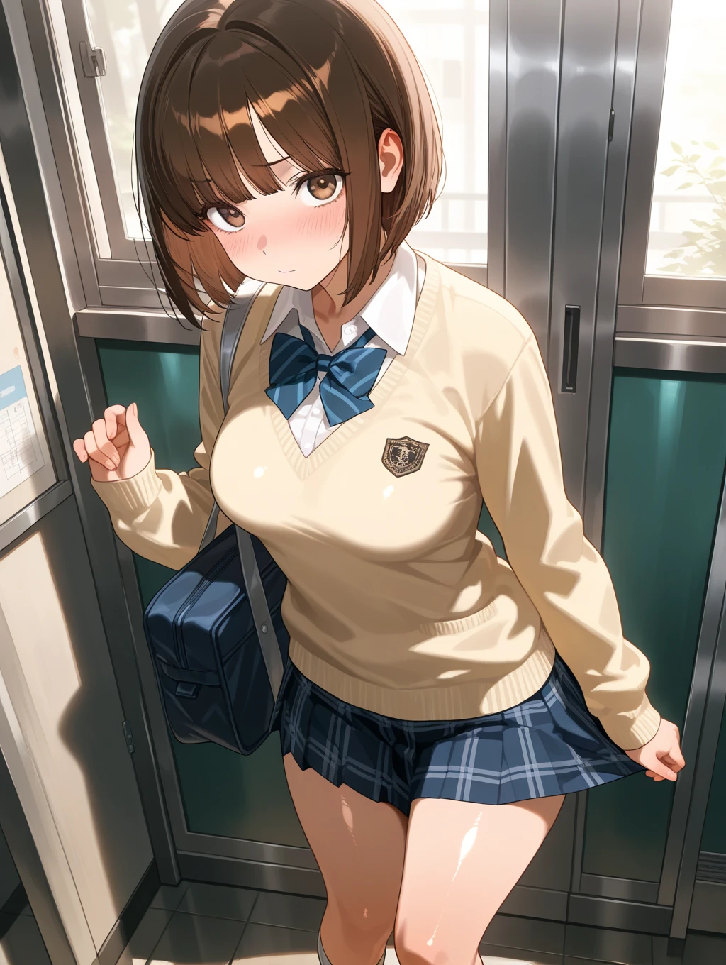 ((Browsing Caution:1.4, masterpiece, highest quality, High resolution, 超High resolution, Perfect Pixel, Depth of written boundary, 4K, RTTX 10.0, High resolution))), (One girl:1.3), Beautiful Anime Girls, Beautiful art style, Anime characters, ((Long Hair, bangs, Dark brown hair, ponytail)), ((Beautiful eyelashes)), ((Detailed face, Blushing:1.2)), ((Smooth texture, Realistic texture, Anime CG Style)), Perfect body, Slender body, Beautiful and big breasts, (Adult woman going down the stairs), (Beige cardigan, White shirt, Red ribbon, Checkered pleated skirt:1.2), Angle from the front, (Station stairs, Lots of commuters), (Lift up your skirt yourself:1.2), ((Stylish and sexy pink satin panties with lavish decoration:1), (Pink base with white lace side-tie panties)), Beautiful thighs, Embarrassed look
