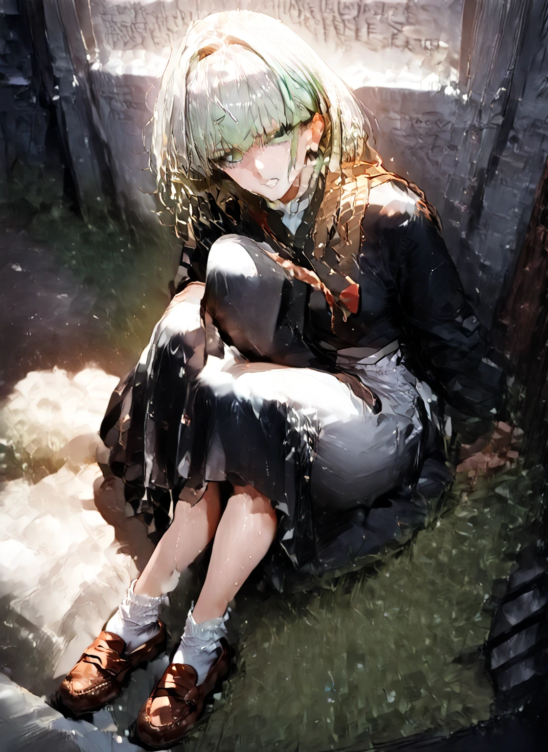 (absurdres,highres,ultra detailed,extremely detailed CG unity 8k wallpaper:1.3), 

(((rain))), (((desolate alley,wasteland,ruins))), (((broken construction,rubble,debris))), outdoors, abandoned hospital, (((heavy rain,puddle on the ground))), 

(detailed hair:1.3), cinematic lighting, clothes reflecting light, girl, solo, BREAK 

(torn clothes:1.4), (torn dress,torn skirt:1.3), (torn:1.3), 
BREAK 

(sitting on the floor,leaning back:1.4), (against the wall,broken wall:1.3), (arms at sides:1.3), ((slouching,spread legs)), (detailed pussy:1.3), (after sex,after rape:1.3), BREAK 

(cum in pussy:1.3), (creampie,cum_pool:1.4), A lot of semen is overflowing from her vagina, Semen is dripping on the floor, (cum:1.3), BREAK 

(emma millstein,purple hair,very long hair,braided ponytail,hair between eyes,bangs,forehead:1.3), BREAK 
emma millstein, (lace,white shirt,green skirt,purple sleeveless coat,belts:1.3), frills, BREAK 
(torn pantyhose,wearing white long boots:1.3), black pantyhose, 