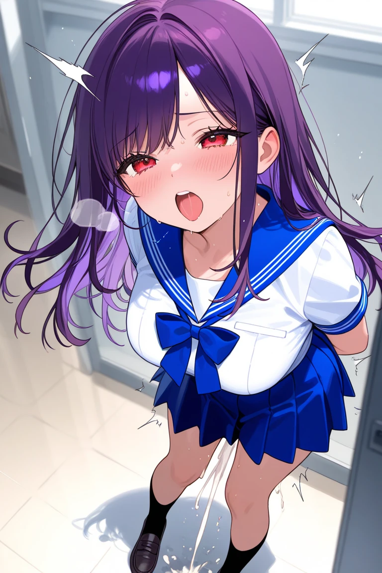 Masterpiece、8K、beautiful girl,Evening Classroom、Sailor suit、Clearly defines the overall facial contours,Depict the whole body,Beautiful posture,Hair is purple、Sweat、Oily skin、Twin tails、Fine skin、sneakers、Looking up、blush、skirt、Stretching out the tongue、Sit on a chair、Open your mouth wide、Muscular belly