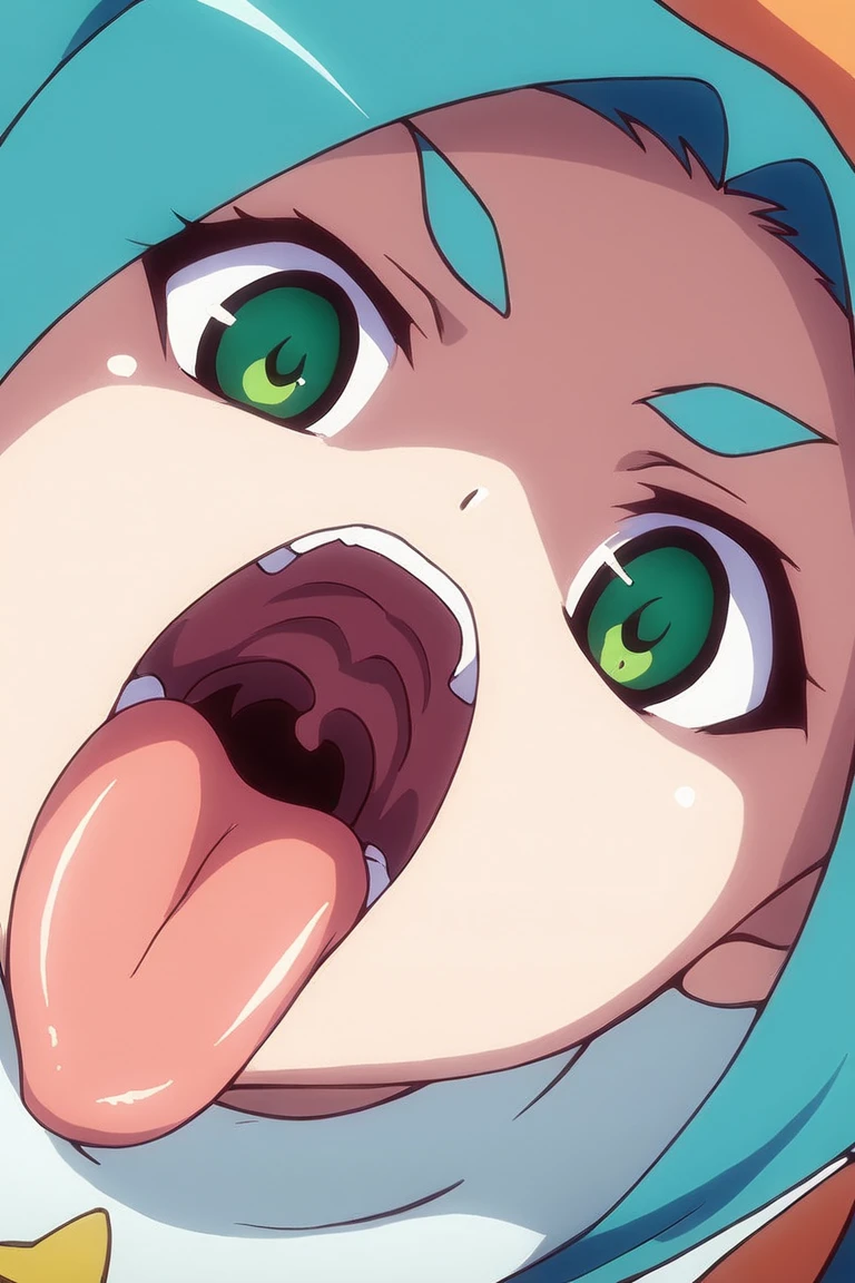 Anime Screenshot, chubby, milf, shy, pudgy face, dark green hair, ponytail, sticking tongue out of mouth, sweating, nervous smile, open mouth, steaming breath, My Hero Academia style, Inko Midoriya from my Hero Academia, giant tongue, long tongue, naked, laying on a bed, salivating tongue, close up of mouth, perfect teeth, mouth full of saliva