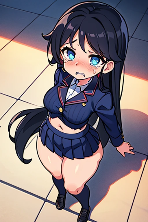 masterpiece, best quality, highres, fskull, navel, red eyes, prehensile hair, extra mouth, , white shirt, necktie, pleated skirt, black thighhighs, zettai ryouiki, cowboy shot, classroom, expressionless, closed mouth, thick thighs, thick ass, highlight thighs, highlight buttocks, cemetery, landscape, pov, at night, rainy night
