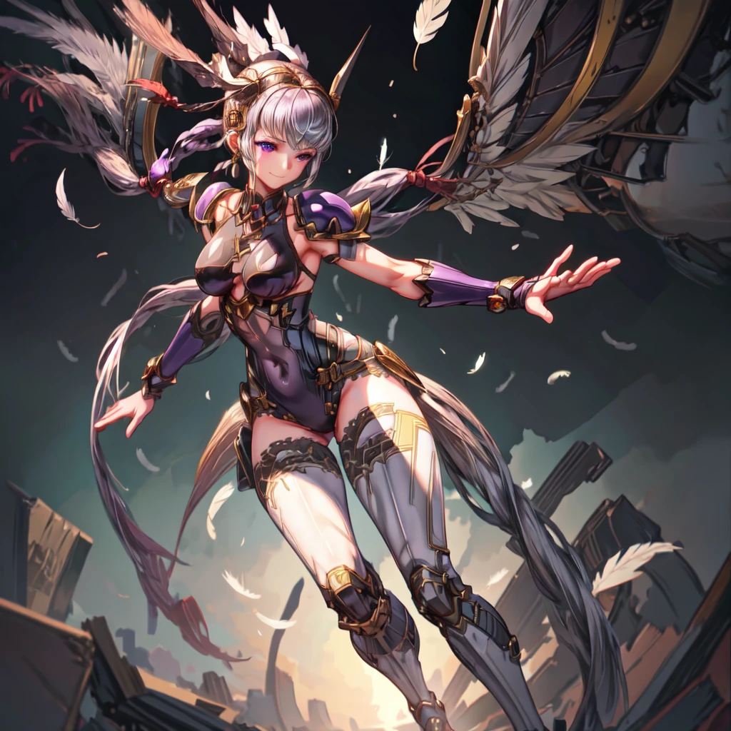 (((Masterpiece)))), (((Best Quality)))), ((Super Detail)), (High Definition CG Illustration), ((Very Delicate and Beautiful))),Cinematic Light,(((1Mechanical Bird Girl))),Solo,(Full body shot: 1.2),(Mechanical joint: 1.2),((Mechanical limb)),(Blood vessel connected to a tube),(Mechanical vertebrae attached to the back),(Mechanical neck worn on the neck)),Mockery,( Wire cable attached to neck: 1.2), (Head wire cable: 1.2), (character focused), science fiction, extreme detail, colorful, supreme detail, rune, feng shui, background