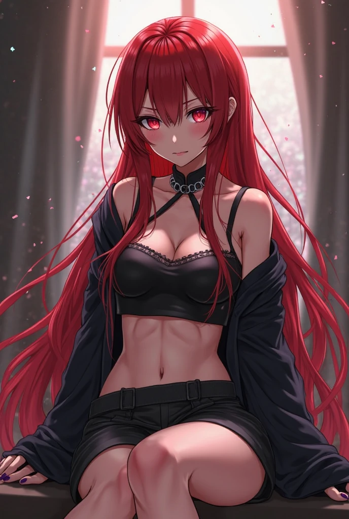 Kizi, long red hair, underwear,cloused mouth, background a room, Red eyes, smoking, アニメ, professional quality, professional lighting, professional shading. kakegurui