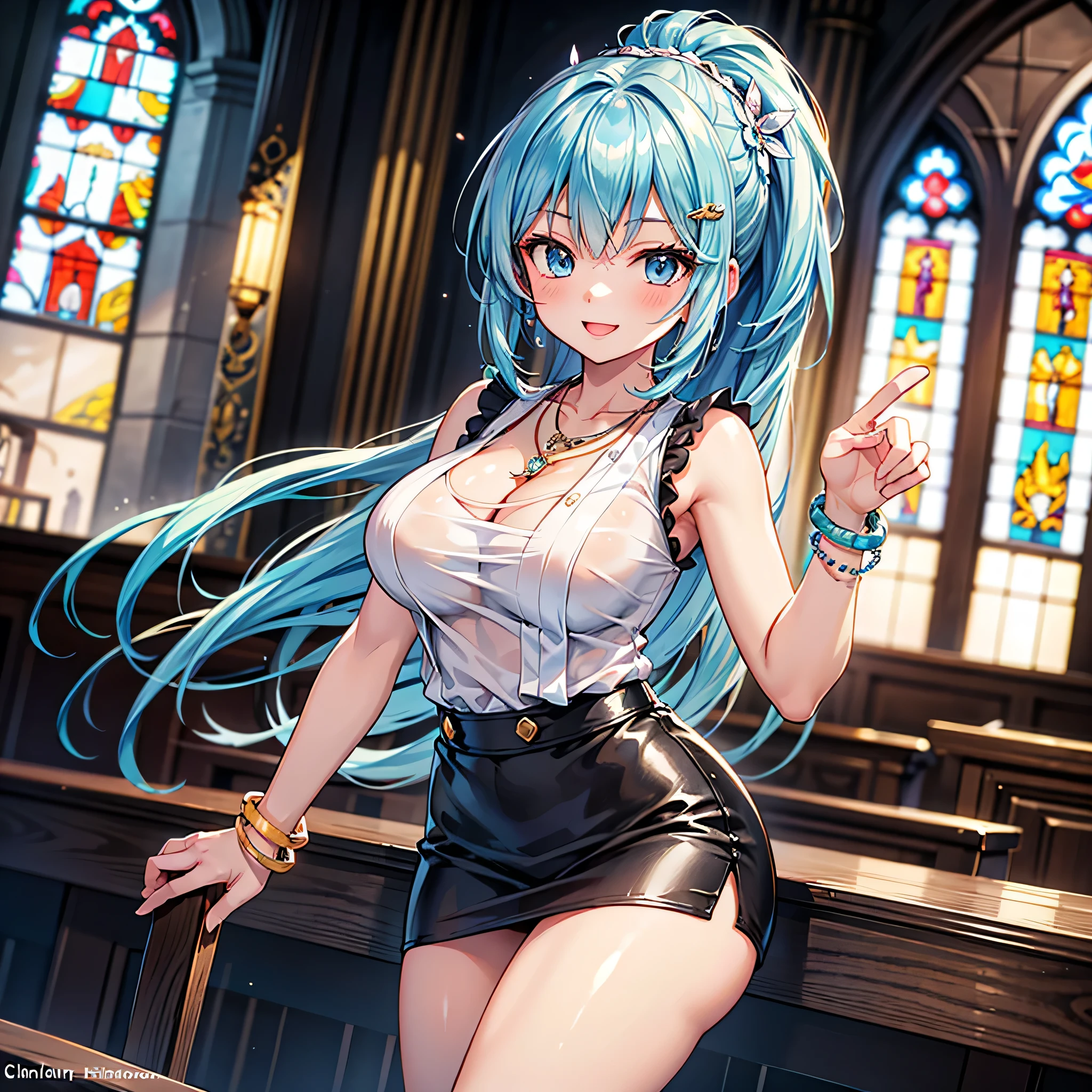 absurderes, 8K ,A high resolution, Ultra detailed, Beautiful, Masterpiece, Best quality, (Beautiful and delicate silver eyes), (3girl) ,Three sexy beautiful teens in office OL (Office Lady),white button-down blouse,There is a collar,Black Slit Skirt,(Black pantyhose),Long legs ,Detailed legs,High heels,Side ponytail , bangs,full bodyesbian,Big breasts,cleavage,Cyan hair,Blue hair,Pink hair,Blush,